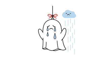 Fototapeta premium Sad Japanese rain doll called Teru Teru Bozu crying under a rainy cloud to represent disappointment with the weather or mood.
