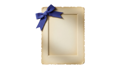 Vintage photo frame with blue ribbon isolated PNG, antique paper border for scrapbooking and design projects on transparent background