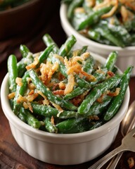 Freshly baked green beans with crispy onions in a white bowl