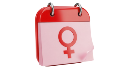 Red calendar with female symbol isolated PNG on transparent background, women s health and reproductive system concept