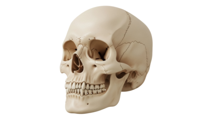 Human skull isolated PNG on transparent background, anatomical model for medical study and Halloween decoration