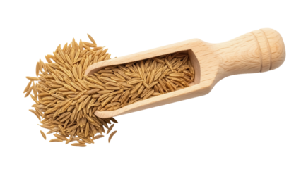 Cumin seeds in wooden scoop isolated PNG, aromatic spice for cooking and flavoring food on transparent background