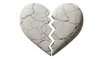 Cracked stone heart isolated PNG on transparent background, symbol of broken love and relationship problems for graphic design use