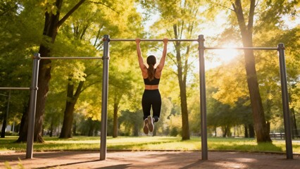 Woman doing pullups in a park