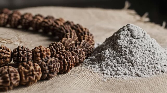 Rudraksha beads and holy vibhuti ash still life representing hindu devotion and spiritual ritual practice