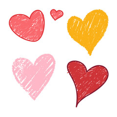 Set of colorful hand-drawn heart shapes in crayon texture on white background.
