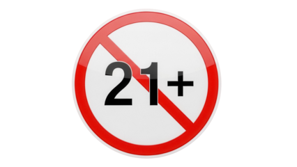 21+ age restriction sign PNG isolated on transparent background, prohibition symbol for content control and age verification