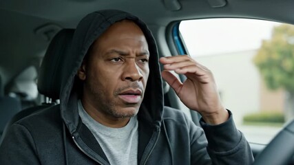 Mature african american man in a hoodie feeling stressed and suffering from a painful headache while sitting alone in his car, expressing discomfort and anxiety before driving away - Powered by Adobe