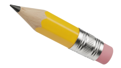 Yellow pencil with eraser isolated PNG, realistic rendering of a writing instrument for school supplies and creative projects