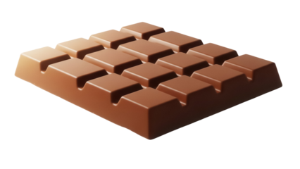 Milk chocolate bar isolated PNG on transparent background, sweet dessert treat with breakable squares for snacking and confectionery use