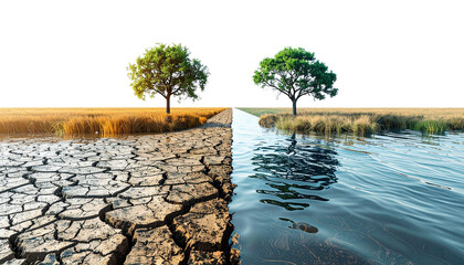 Abstract climate change concept showing water flooding one side and cracked dry land on the other, clean symbolic composition, isolated on transparent background