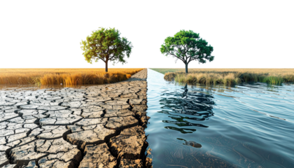 Abstract climate change concept showing water flooding one side and cracked dry land on the other, clean symbolic composition, isolated on transparent background