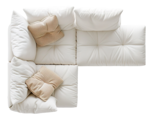 Sofa is cut out with a top view showing cushions. The design features an L-shape and plush fabric. No background elements are present in the scene