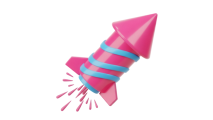 Pink rocket with blue stripes PNG isolated on transparent background, 3D render of a toy rocket for kids and space exploration concepts