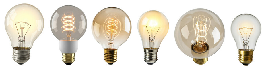 realistic photograph of various vintage edison-style light bulbs with glowing filaments, isolated on a dark background.