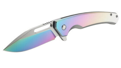 Iridescent folding knife isolated PNG on transparent background, pocket knife with rainbow finish...