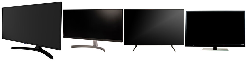 a grid of several contemporary televisions and monitors with blank screens, ready for digital content, on a pristine white background.