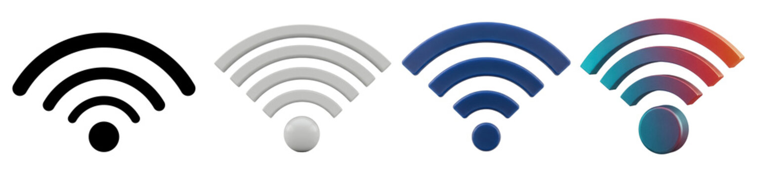 three 3d render wi-fi icons in white, blue, and gradient colors, symbolizing wireless internet and digital network.