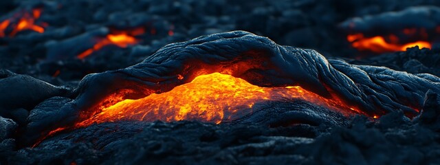 Closeup of glowing orange lava flow with dark solidified rock texture on white background molten rock