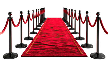 Formal event path defined by red carpet and rope stanchions on a black background