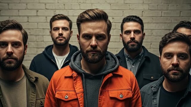 Group of men standing together in front of a brick wall.