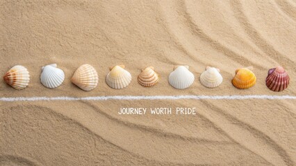 Five Seashells Aligned on Sand Near a Chalk Line