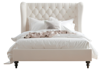 This upholstered bed features a tufted headboard and a plain white bedding spread. The view is from above, showcasing the bed's design and structure against a transparent background