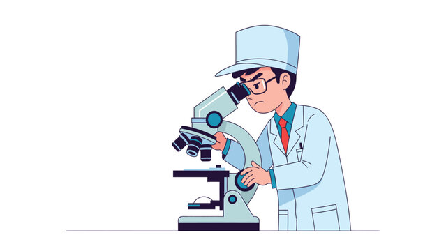 Focused male scientist in lab coat examining samples with a microscope, conducting scientific research and discovery