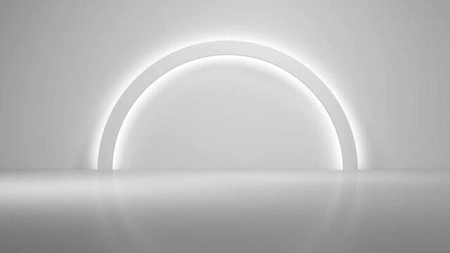 3d render podium on abstract white bakground. Minimal clean showcase concept. Empty blank with copy space. Futuristic clean sudio with animated light.