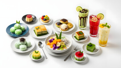 Assorted desserts and refreshing beverages arranged on multiple plates and glasses from an overhead viewpoint