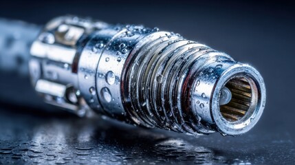 Magnified close up view of a metal industrial component with water