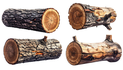 Four close-up illustrations of cut logs showcasing their bark, wood grain, and various shapes