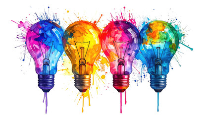 Four colorful lightbulbs with paint splatters, against a black background