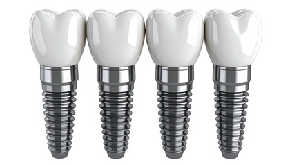 Four dental implants, showcasing the crowns, abutments, and screw-like root replacements