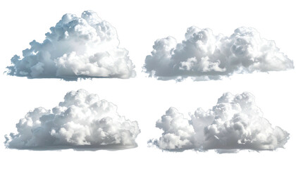 Four fluffy, detached white cumulus clouds set against a transparent background