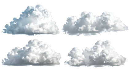 Four fluffy, detached white cumulus clouds set against a transparent background