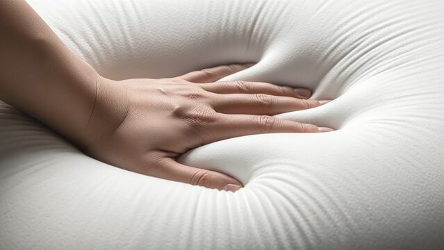 Hand pressing down on soft plush pillow creating indent