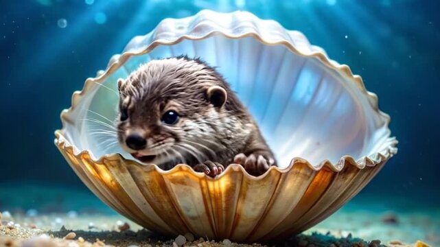 Adorable Otter Posing Inside a Seashell Underwater with Blue Background.