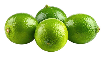 Four fresh, green citrus fruits arranged on a dark background
