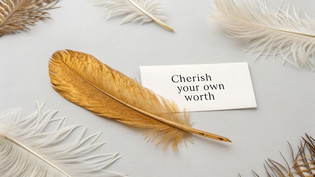 Golden feather resting with a message of self worth