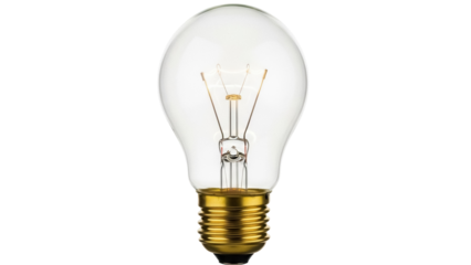 Classic incandescent light bulb isolated PNG on transparent background, vintage style electric lamp for lighting and design use