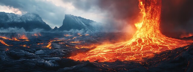 Fiery Lava Flow Erupting from Volcano with Molten Rock and Dark Clouds in Hyper Realistic Style eruption