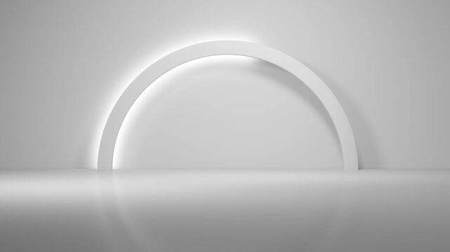 3d render podium on abstract white bakground. Minimal clean showcase concept. Empty blank with copy space. Futuristic clean sudio with animated light.