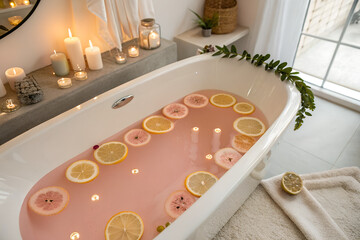 A serene bathroom setting with a bathtub filled with pink water and citrus slices, surrounded by candles creating a tranquil and relaxing spa-like ambiance for self-care