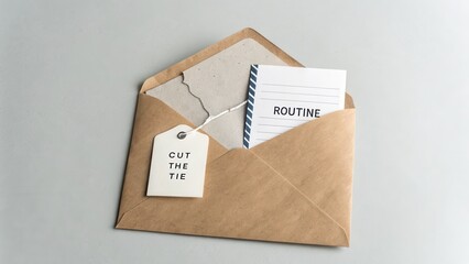 Open brown envelope with torn paper and a routine message