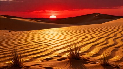 Vibrant Red Sunset over Glistening Golden Sand Dunes in a Desert Landscape