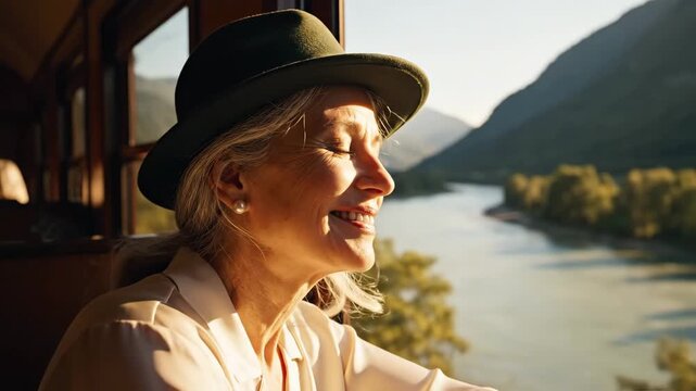 Beautiful mature woman wearing a hat enjoying the scenic view from a train window, smiling as the sunshine lights up her face while she contemplates the stunning natural landscape outside