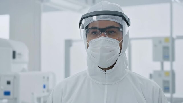 Cleanroom technician wearing protective mask and goggles inside semiconductor manufacturing facility