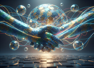 hands shaking with globe and circuits in the background