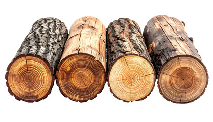 Four fresh-cut logs in a row, each exhibiting unique bark and end-grain patterns